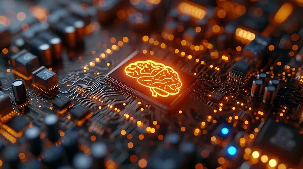 A glowing brain etched onto a circuit board